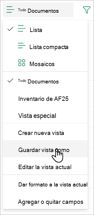 Captura de pantalla que muestra el comando Guardar vista como puede usarse para asignar un nombre a la vista.