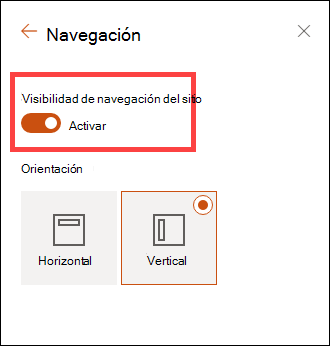 Acceso a las opciones de visibilidad de navegación del sitio a través de la configuración.