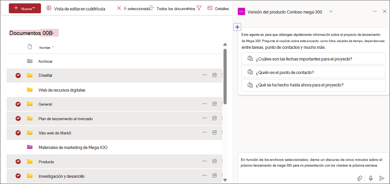 Captura de pantalla de la selección de archivos de la biblioteca de documentos para el chat