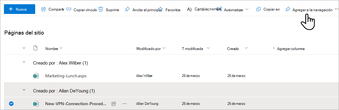 Agregar una página al menú desde Páginas del sitio.