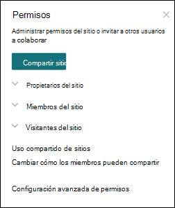 Panel de permisos del sitio de SharePoint