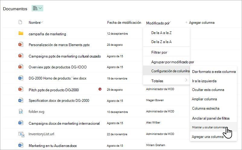 Captura de pantalla que muestra el comando Mostrar u ocultar columnas en una lista.