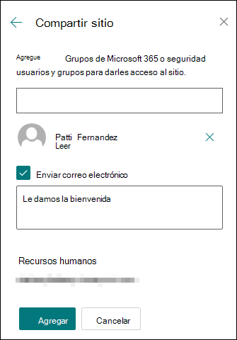 Vista previa del panel de permisos del sitio compartido