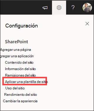 Configuración con Aplicar una plantilla de sitio resaltado.