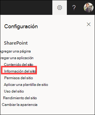 Panel de configuración abierto con la información del sitio resaltada.