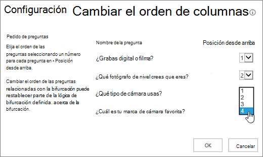 Cuadro de diálogo Cambiar orden de preguntas con la lista desplegable en una pregunta resaltada