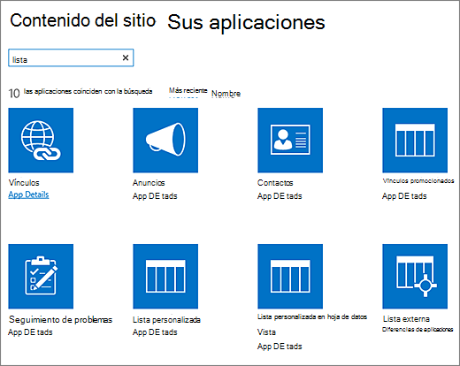 Aplicaciones de lista en la página Contenido del sitio