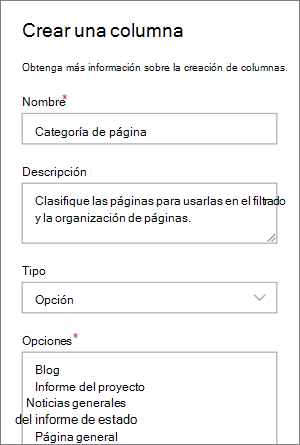 Ejemplo de configuración de una columna de opción de categoría para blogs