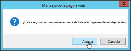 Cuadro de diálogo de confirmación de eliminación de lista con Aceptar resaltado