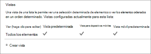Sección Vista de lista en Configuración de lista