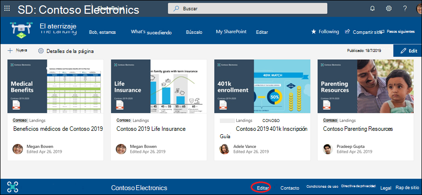 Agregue o edite vínculos y etiquetas en un pie de página de un sitio de comunicación de SharePoint.