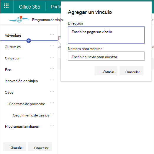 Editar la navegación del concentrador de SharePoint