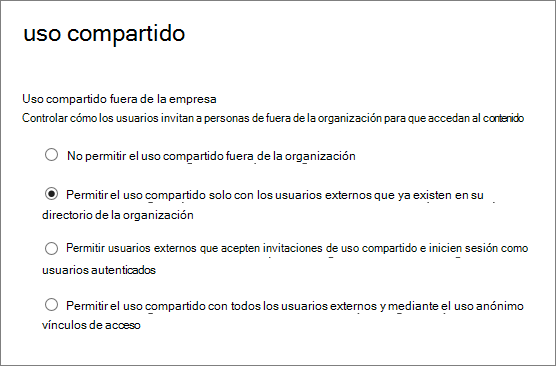 Opciones para compartir con usuarios externos