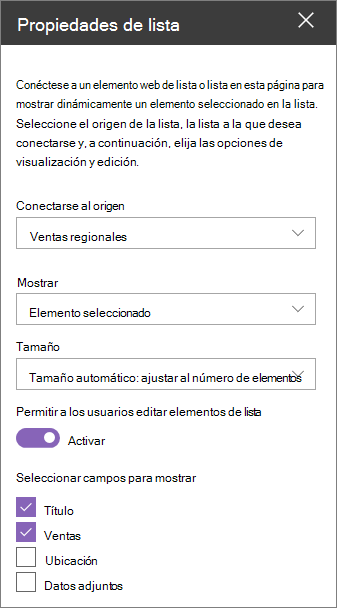 Panel del elemento web Propiedades de lista