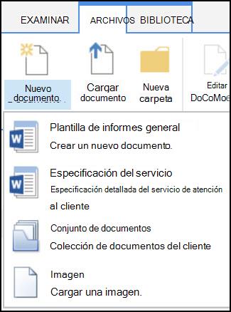 Menú Nuevo documento con tipos de contenido personalizados en un sitio de SharePoint