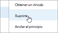 Elemento de menú Eliminar en el menú de puntos suspensivos