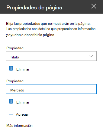 Panel del elemento web Propiedades de página