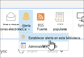 Pestaña Biblioteca con Establecer alerta en esta biblioteca resaltado
