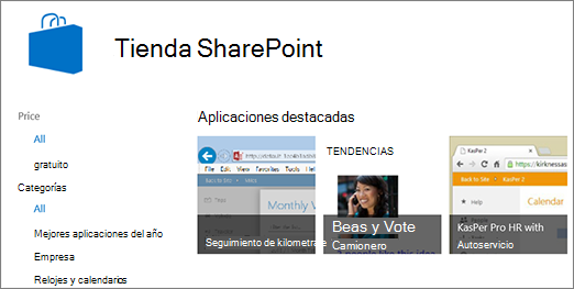 Vista de selección de la aplicación de la Tienda SharePoint