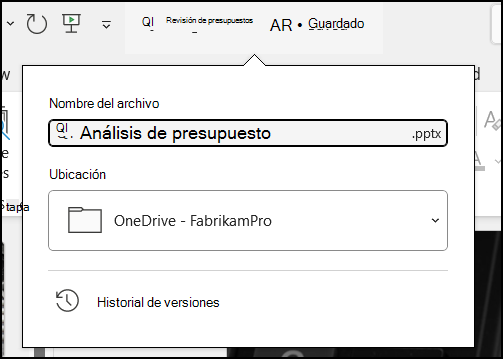 El menú desplegable del título del documento en Word para Office 365