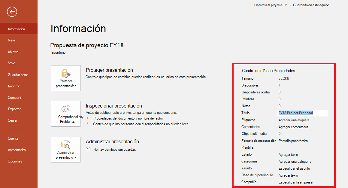 Propiedades del documento de Office: archivo > Panel de información