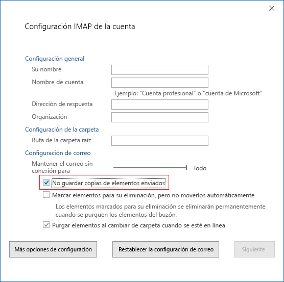 Configuración de la cuenta IMAP, No guardar copias de elementos enviados