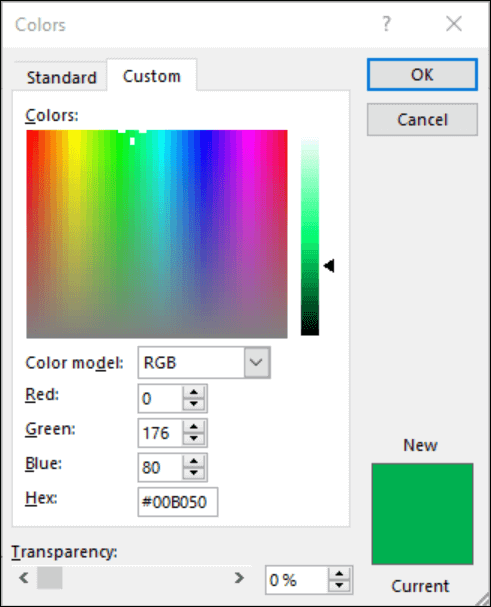 Selector de colores en las aplicaciones de Office. En los campos RGB hay un nuevo campo para especificar el valor de color hexadecimal.