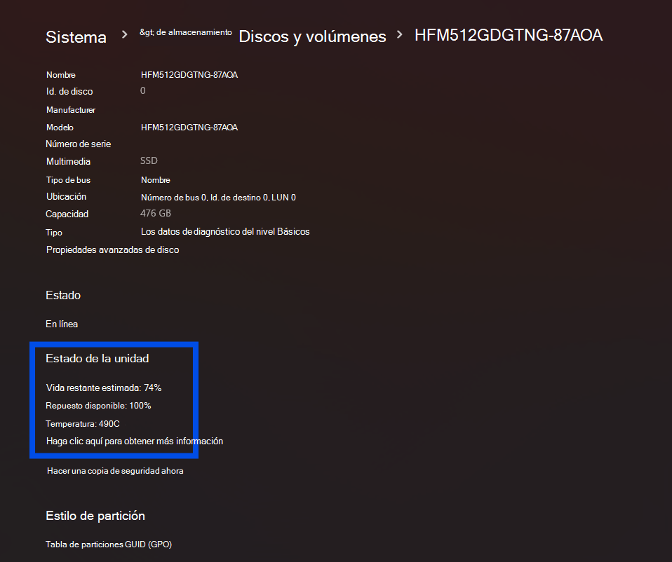 captura de pantalla del estado de la unidad