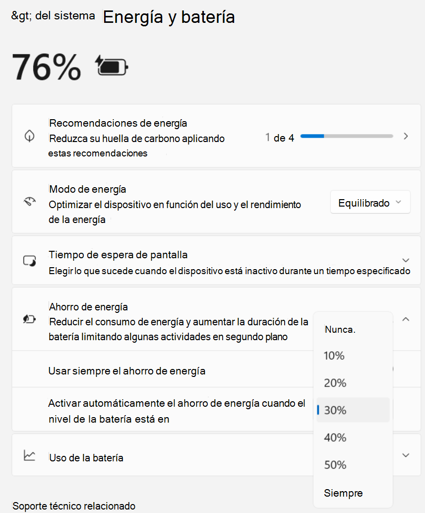 Captura de pantalla de Configuración > de energía del sistema > y ahorro de energía de la batería >