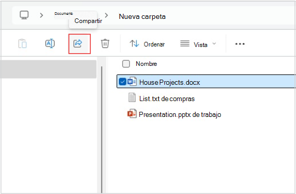 Captura de pantalla de uso compartido de un archivo desde el Explorador de archivos