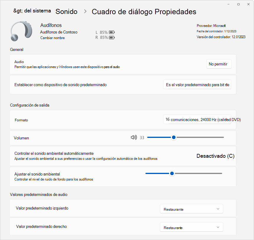 Captura de pantalla de Propiedades de sonido > del sistema > de configuración > que muestra algunas opciones disponibles para configurar un dispositivo de audífonos.