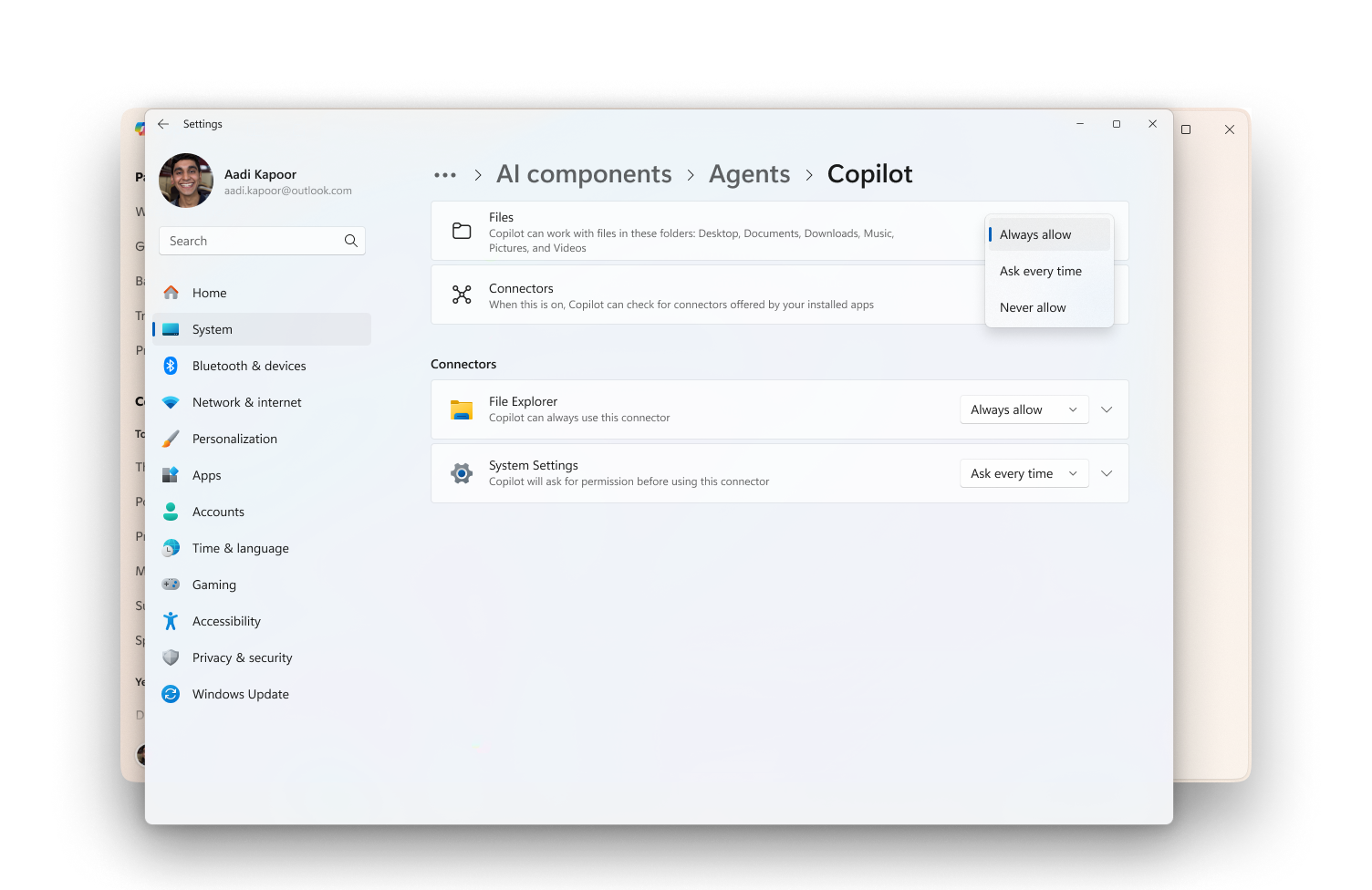Página de configuración por agente