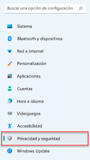 Dónde encontrar la configuración de privacidad en Windows 11.