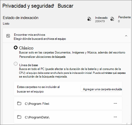 Captura de pantalla que muestra la configuración de Windows Search.
