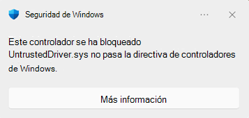 Seguridad de Windows cuadro de diálogo de bloqueo que se muestra cuando se bloquea un controlador