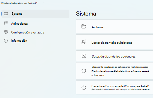 Muestra la página principal de Subsistema de Windows para Android (TM).