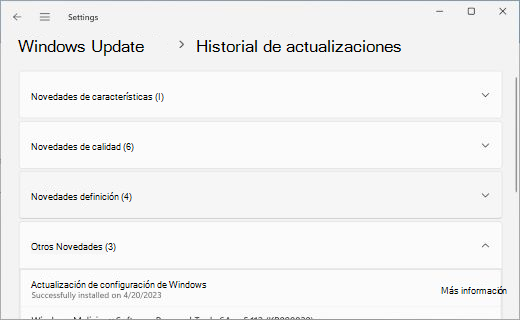 Muestra la página Historial de actualizaciones, con la sección Otros Novedades expandida.