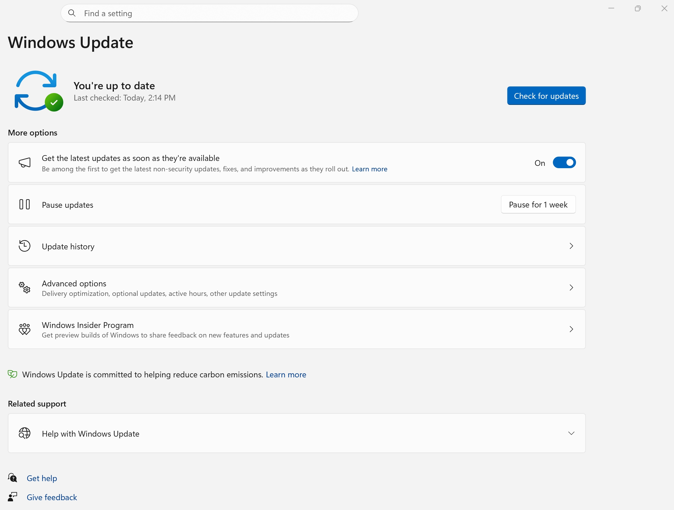 Captura de pantalla de la página de configuración de Windows Update en Windows 11