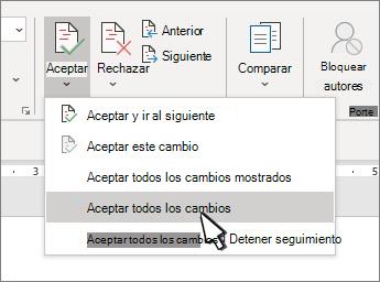 Lista desplegable con la opción Aceptar todos los cambios en Word
