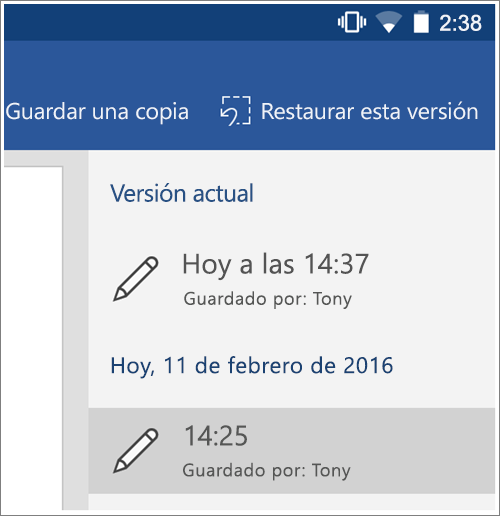 Captura de pantalla de la opción Historial para restaurar versiones anteriores en Android.