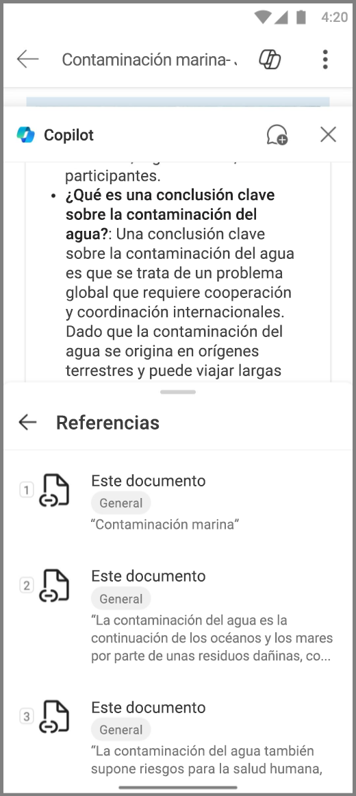 Captura de pantalla de Copilot en Word en un dispositivo Android con la respuesta Referencias para Copilots