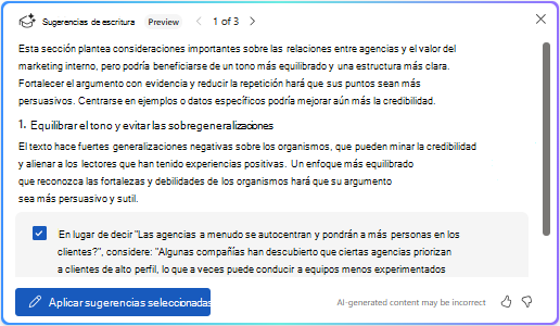 Aplicar la opción de sugerencias seleccionadas en Copilot en Word