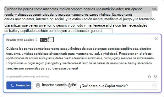 Captura de pantalla de Copilot en Word con opciones y sugerencias de texto de reescritura
