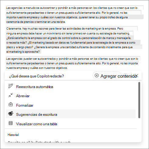 Opción Sugerencias de escritura en Copilot en Word