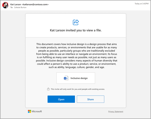Una invitación por correo electrónico para compartir un archivo Word de Microsoft, con un resumen generado por Copilot.