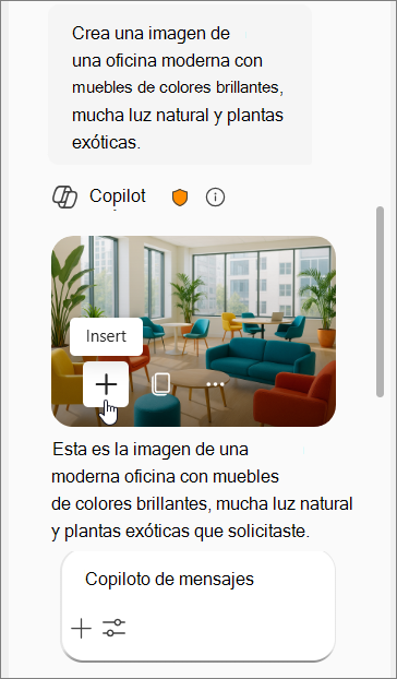 Muestra una solicitud a Copilot de una imagen de una oficina moderna con mobiliario de color, luz natural y plantas exóticas, seguida de cuatro imágenes.
