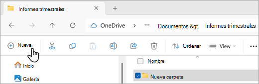 Captura de pantalla que muestra cómo crear una nueva carpeta con Explorador de archivos.