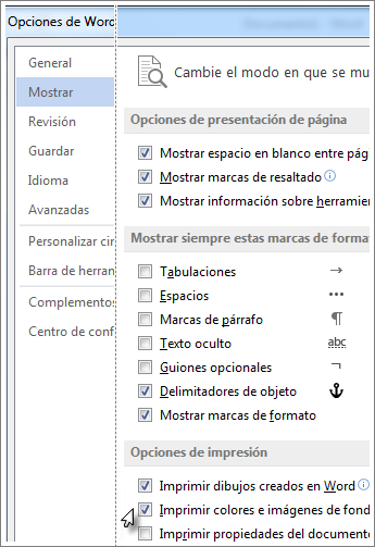 Casilla Imprimir colores e imágenes de fondo en el cuadro de diálogo de opciones de Word