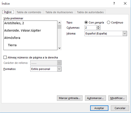 Cuadro de diálogo Índice