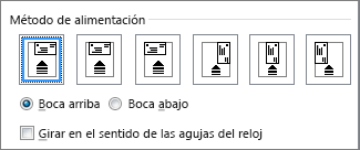 Diagrama de opciones de alimentación para colocar sobres en la impresora